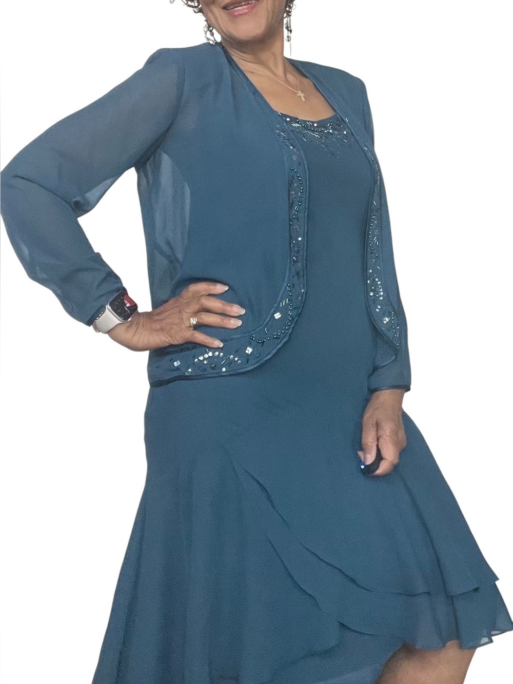 S.L. Fashions Teal Layered Midi Dress with Beaded Jacket - Picture 9 of 12